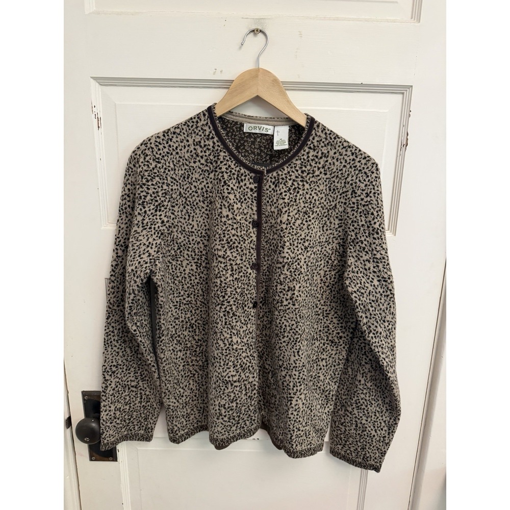 Orvis Women's Wool Blend Animal Print Cardigan Velvet Trim Heavy Knit Size M